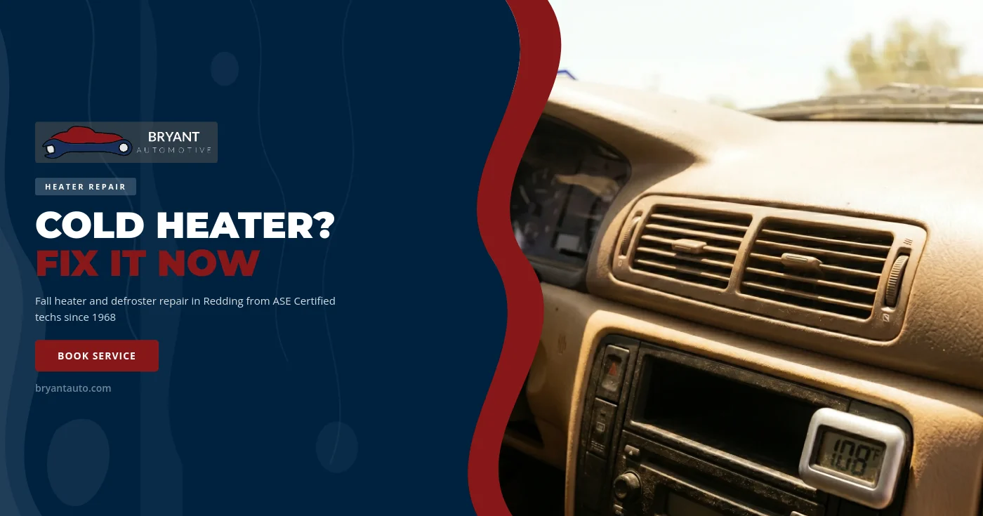 An ASE Certified technician checks a car’s dashboard heater vents and fogged windshield during a fall heater and defroster inspection in Redding, CA.