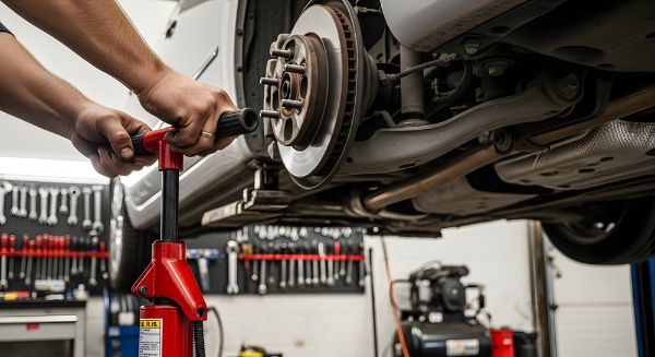 Close-up of a mechanics hands working on a vehicle suspension