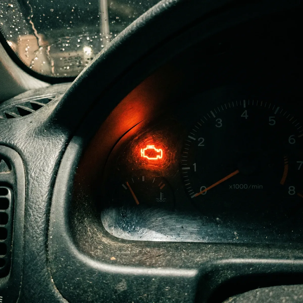 A lit check engine light on the dashboard